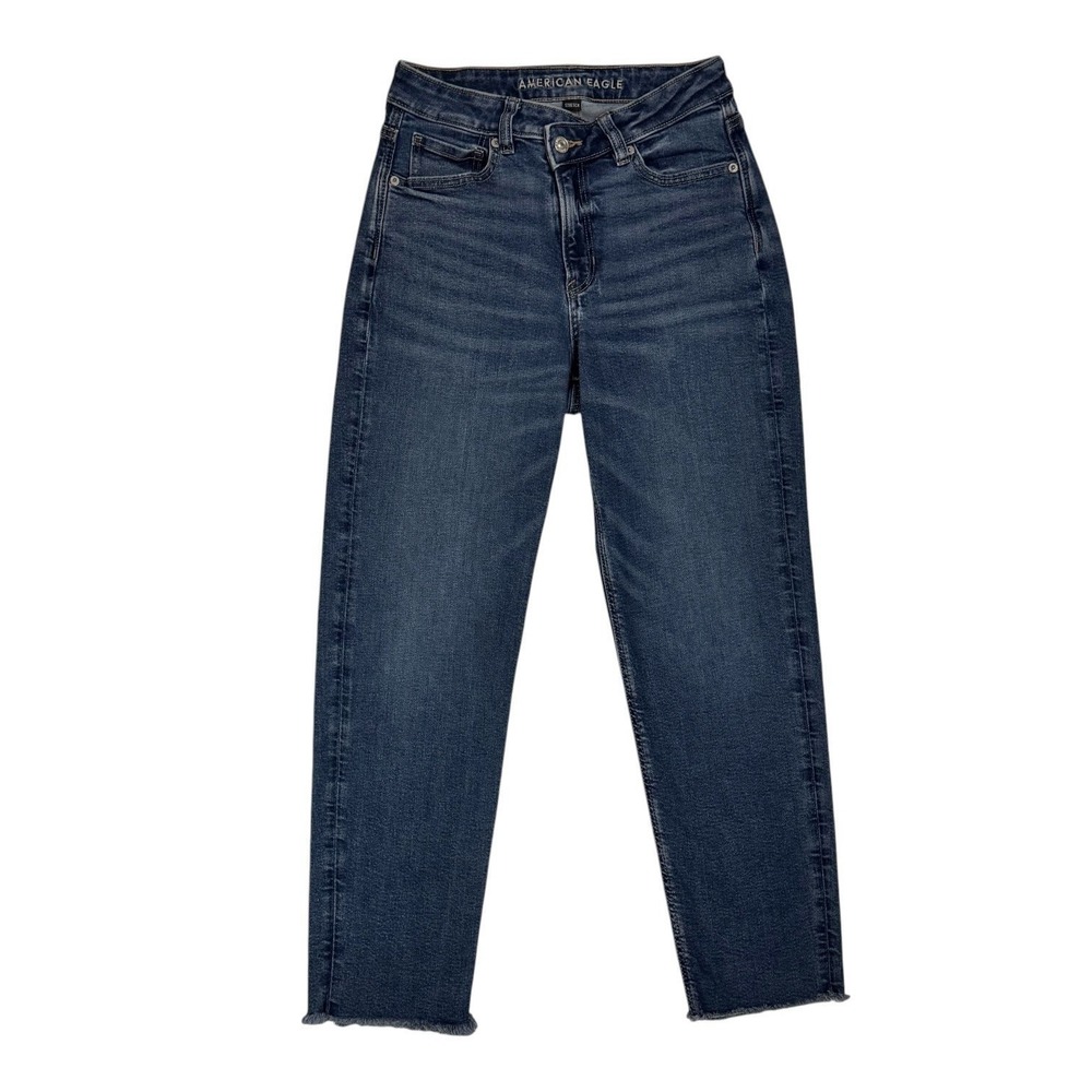 American Eagle Mom Straight Jeans Size 4 High Rise Crossover Waist Dark Stretch‎